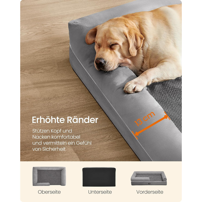 Feandrea Orthopedic Dog Bed, Dog Cushion, Dog Basket, Soft Padding, Dog Sofa, Raised Sides, Removable and Washable Cover, 91 x 71 x 20 cm, Non-Slip Bottom, PGW076G01 (L 135 x W 107 x H 25 cm, Light Grey)