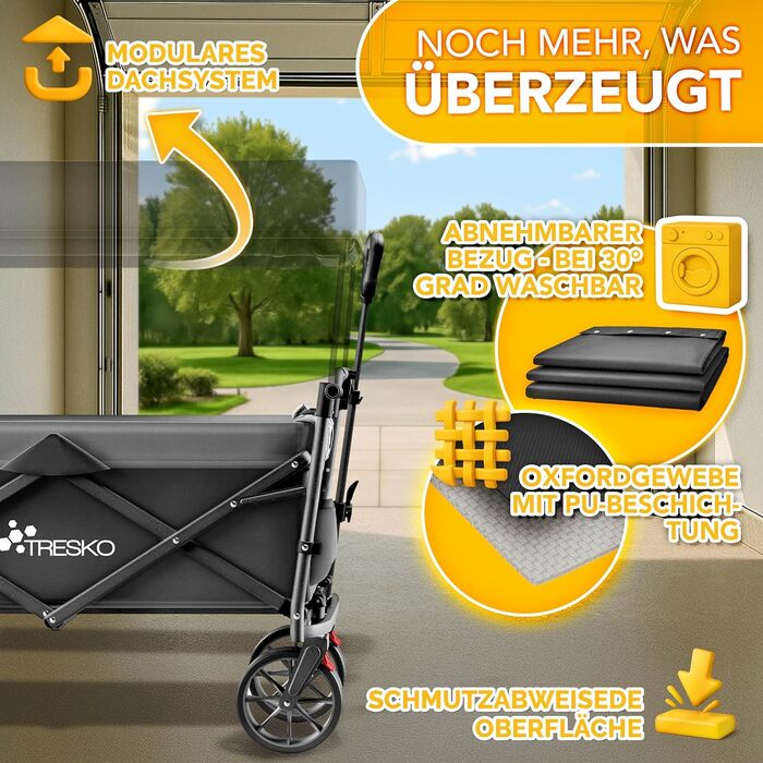 Трьохколісний візок TRESKO® з дахом, кишенькою-холодильником та боковими шторками | Вантажопідйомність до 150 кг | Візок з гумовими колесами та гальмами (передні та задні) та 3-точкова система фіксації (Зелений) (Чорний)