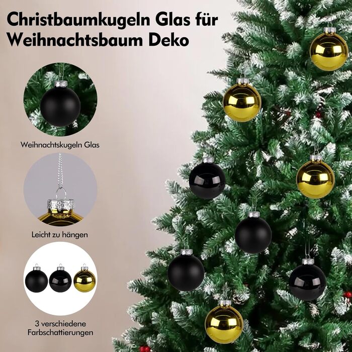 Набір ялинкових прикрас Hengsong - 24 чорні скляні кулі з золотом, 6 см