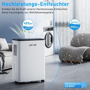 Електричний осушувач повітря OKYUK 12L з цифровим дисплеєм, для дому 40м², з автовимкненням, для RV, ванної кімнати, підвалу (білий)