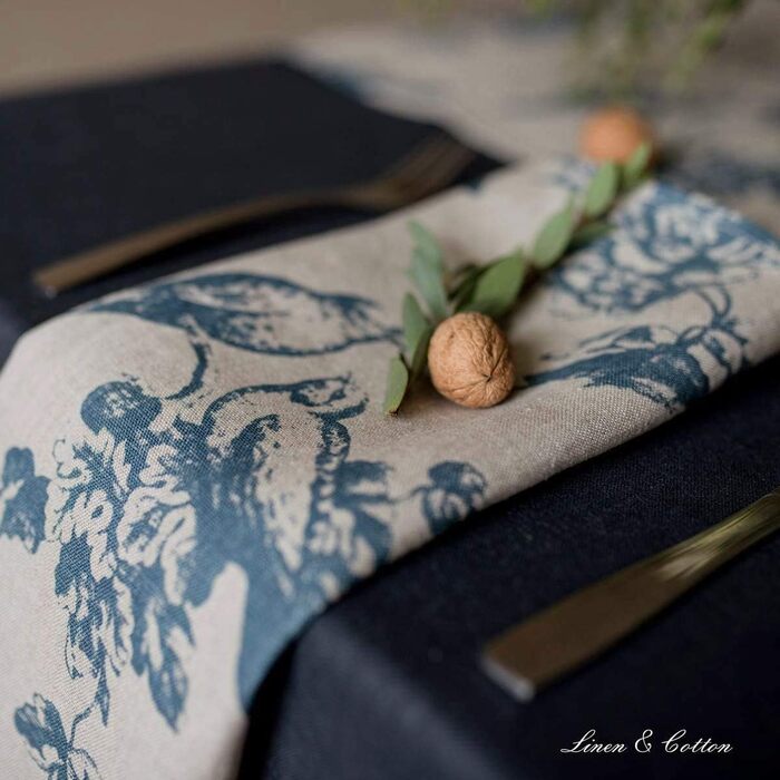 Linen & Cotton High-Quality Vintage 4 x Fabric Napkins Napkins Linen Napkins Flores with Floral Pattern - 100% Linen, Beige Blue (43 x 43 cm) for Home Kitchen Dining Room Decoration