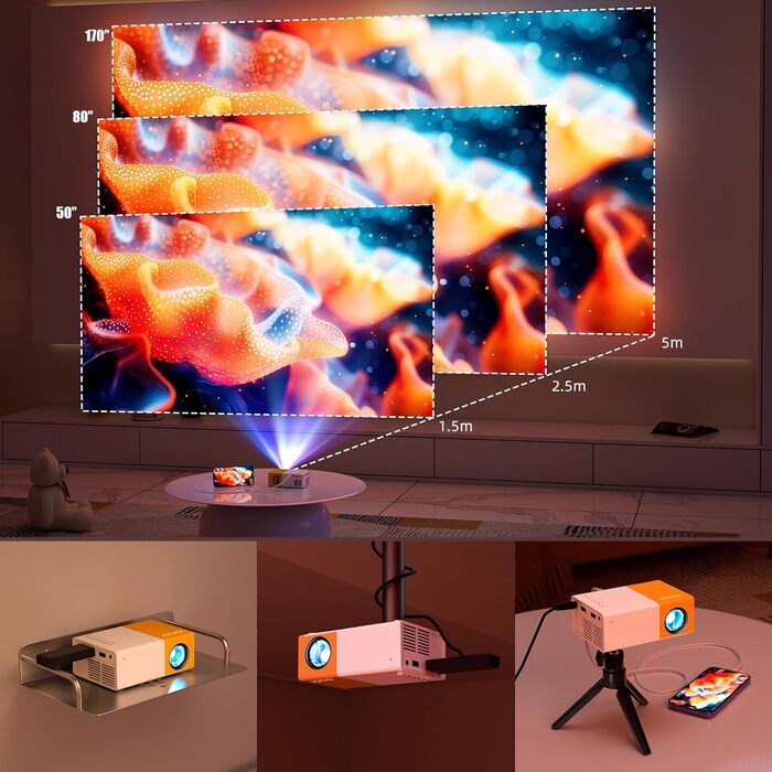 Vamvo Mini Beamer YG300Pro: портативний LED-проектор, Full HD 1080p, Bluetooth 5.4, HDMI/USB, жовто-білий