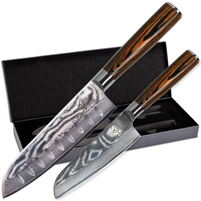 Набір ножів кухонних Wolfblood Santoku Дамаск (30 см та 24 см) - 67 шарів, сталь 62 HRC, дерев'яна ручка, подарункова коробка
