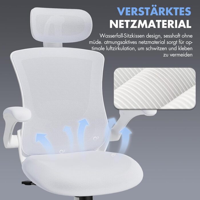 Офісний крісло COLAMY з ергономічною сіткою, регульованою підголівником та поперековою підтримкою, підйомними підлокітниками, функцією гойдання та фіксації, регульоване по висоті, (Білий, універсальний розмір)