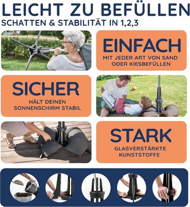 Base umbrella stand with fillable sandbags as weights (30 to 50 kg), for umbrella diameters up to 3.3 m, manufactured in Denmark from recycled material
