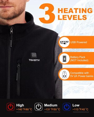 Електрична гріюча жилетка для чоловіків Polar Fleece, 6 зон нагріву, USB, Outdoor, XL, Чорний