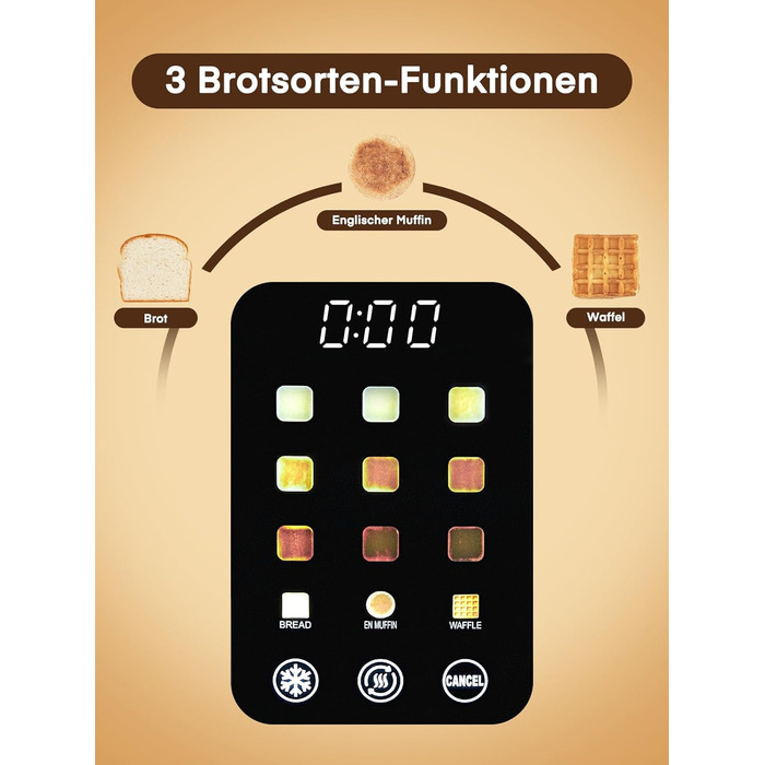 Тостер 4-х секційний, 1400W, нержавіюча сталь, довгий проріз, 9 налаштувань підсмажування, 3 види хліба, функція відміни, розморожування, підігріву, сенсорне керування, з підставою для булок, сріблястий