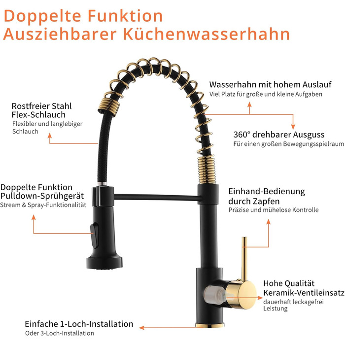 Змішувач кухонний AIMADI висувний, високого тиску, з 2 режимами (струмінь та туман), 360° обертання, одноlever, для кухонної мийки, чорний з золотом
