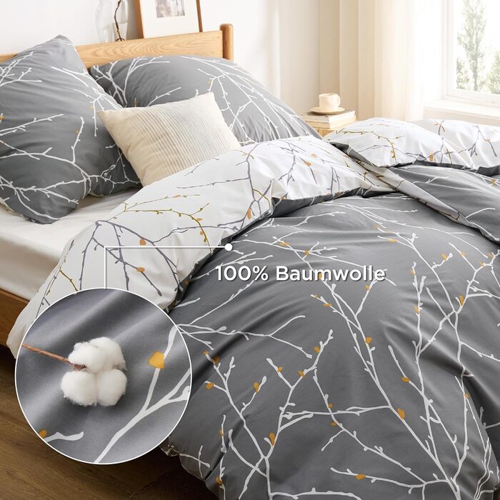 BEDSURE Комплект постільної білизни 135x200, бавовна, 4-х частинний, сірий/бежевий/помаранчевий. Комплект постільної білизни з ковдрою та двома наволочками 80x80 см, з принтом гілок, на блискавці, ÖKO-TEX, комплект постільної білизни