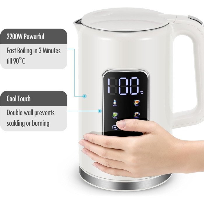 Електричний чайник ForMe з нержавіючої сталі, 1.7 л, регулювання температури 40-100°C, LED дисплей, функція підтримання тепла, BPA Free, білий