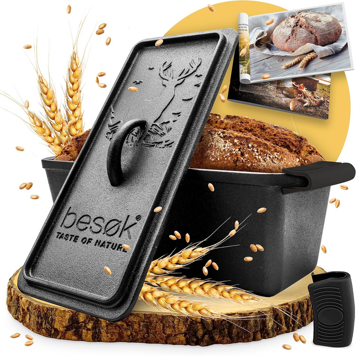 Tomorrow: Bread baking tin with lid incl. recipe booklet - 28cm cast iron baking tin for baking bread, accessories - loaf tin, toast bread tin, loaf tin, baking dish, loaf tin, rectangular bread tin