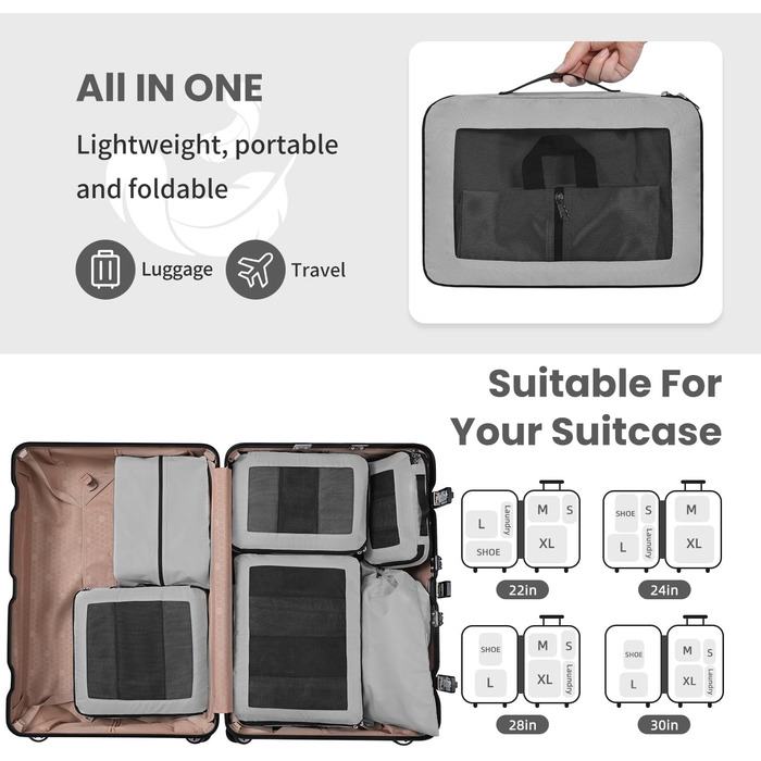 Набір кубиків-органайзерів для подорожей Prezon: 6 шт, сірий, з розширюваним сітковим вікном