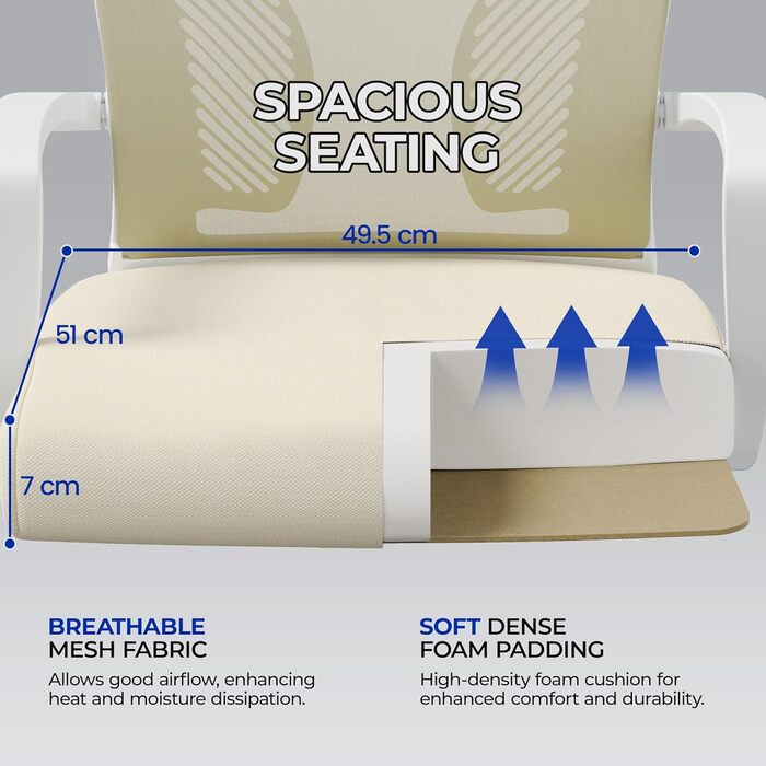 Офісний крісло Yaheetech ергономічне, з сітчастою спинкою, з підлокітниками, для офісу та дому, комп'ютерне крісло, витримує до 136 кг, дихаюче, з функцією гойдання (Бежевий)