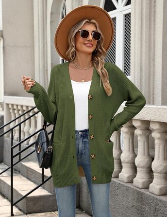 Жіночий в'язаний кардиган Zeagoo з довгим рукавом, вільний крій, V-подібний виріз, грубий в'язання, на кнопках, для осені/зими (зелений, S)