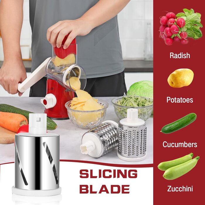 Ручна тертка для сиру та овочів Diealles Shine з 3 змінні леза з нержавіючої сталі, з кришкою, для сиру, овочів, горіхів, кабачків, моркви (червона)