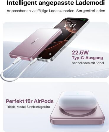 Портативний зарядний пристрій TORRAS MiniMag MagSafe, 10000mAh, 22.5W, з магнітним кріпленням, рожевий. Power Bank для iPhone 17 Pro Max/Air/16/15/14/13/12, Wüsten Titan.