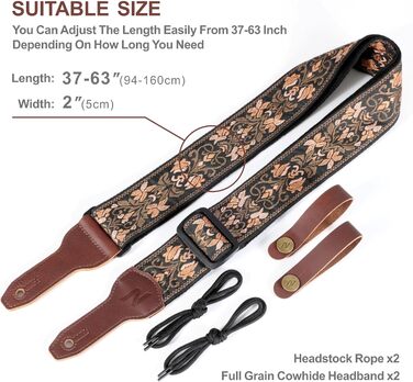 Гітарний ремінь Nefelibata Banjo-Gurt, 5,1 см, повна шкіра з нубуку, вишивка золотими квітами