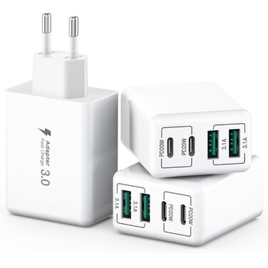 Зарядний пристрій USB-C 40W, 4 порти, PD+QC, для iPhone 15/14/13/12/Pro/Samsung/планшетів - білий (3 шт)