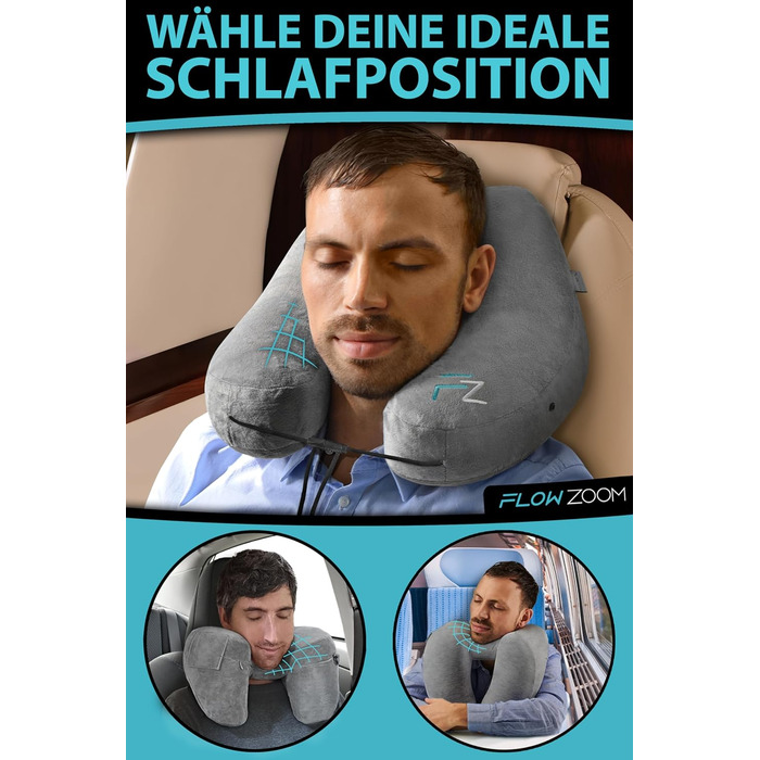 FLOWZOOM AIR Neck Pillow Inflatable with Hood - Neck Pillow Airplane - Travel Pillow - Quickly Inflatable Neck Pillow Travel - Airplane Pillow - Travel Pillow - Neck Support Adult (gray)