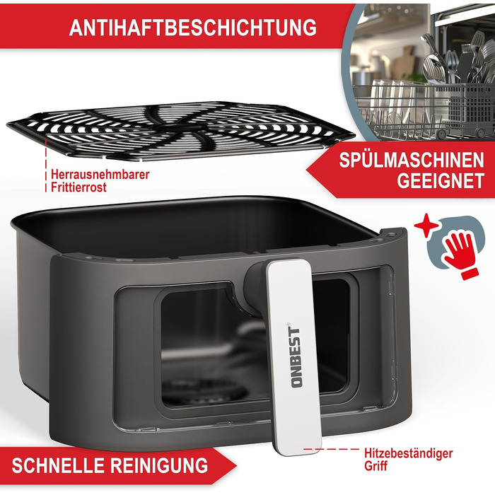 Фритюрниця ONBEST з великим оглядовим вікном та 12 програмами приготування – XL Airfryer об'ємом 6,5 л, 1600 Вт + 100 листів пергаментного паперу для випікання. Готування без олії для 2-5 осіб