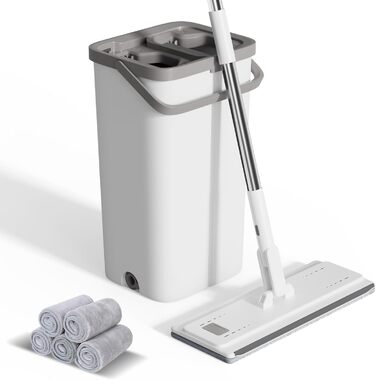 Набір для миття підлоги з відром, вичавлювач для підлоги, набір мопів 2 в 1 з регульованою ручкою з нержавіючої сталі та 6 мікрофібровими насадками, підходить для плитки та ламінату (моп з відром - білий)