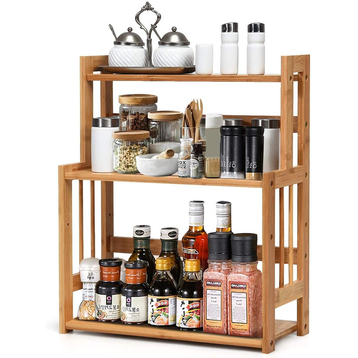 GIANTEX 3-Tier Bamboo Spice Rack, Corner Kitchen Shelf Organizer, Wooden Spice Stand Natural, Standing Kitchen Spice Rack, Kitchen Shelf System Spice Organizer Kitchen Organizer for Kitchen
