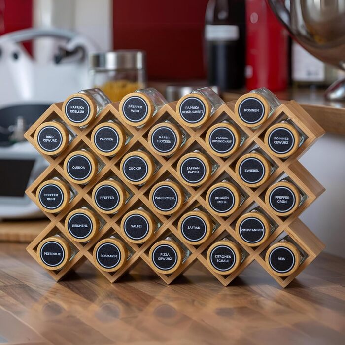 Стильна бамбукова полиця для спецій Adabor - органайзер з 27 скляними баночками, кришками та 144 етикетками