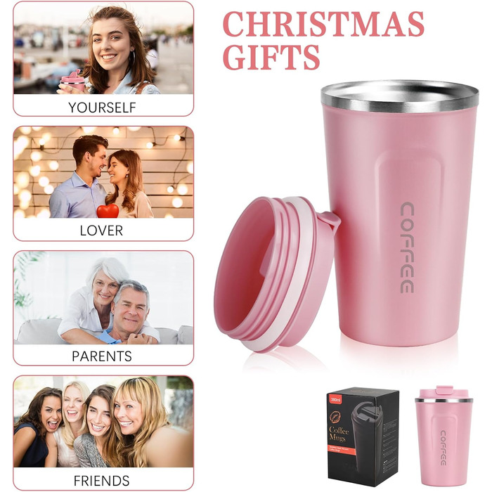 Термокружка Flintronic 510 мл з подвійними стінками, з нержавіючої сталі, з кришкою, для кави та чаю (рожевий)