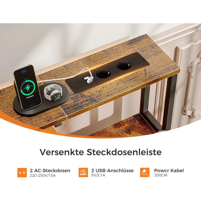 Ігровий стіл Coleshome з LED підсвічуванням, стіл для комп'ютера з ящиками з тканини, 2 розетки та 2 USB-порти, стіл для дому та офісу з підставкою для монітора (140x48 см, коричневий)