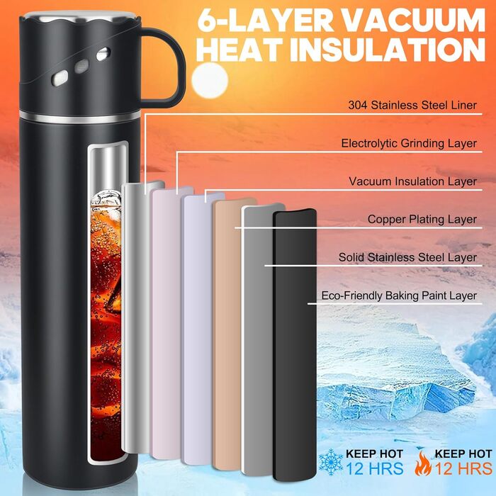 Термос із нержавіючої сталі 550 мл - термос-термокружка з чашкою та ручкою, вакуумний термос 12 годин гарячий / 12 годин холодний, нековзний термос для кави в дорогу для спорту, роботи, школи, автомобіля (Чорний)