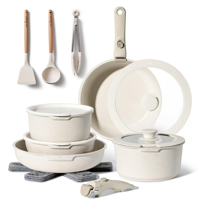 Набір кухонного посуду Just Perfecto 18 предметів з антипригарним покриттям, знімні ручки, для всіх типів плит (індукційні), без PFOA (Бежевий)