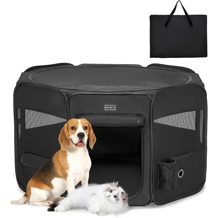 Переносний вольєр для цуценят та дрібних тварин PETSFIT - вольєр для собак, котів з водонепроникним дном, поп-ап система, сірий/зелений, 92x84x53 см