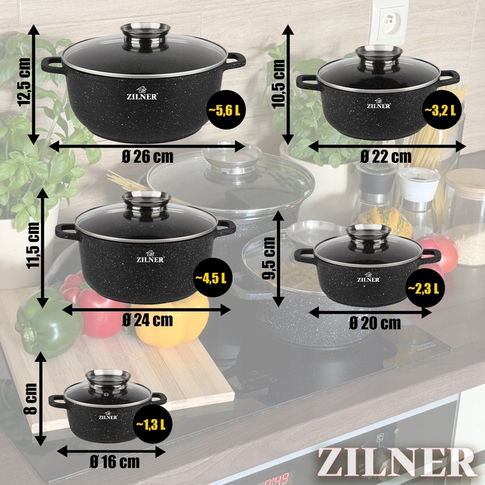 Набір каструль Zilner з мармуровим покриттям, алюмінієвий, 10 предметів