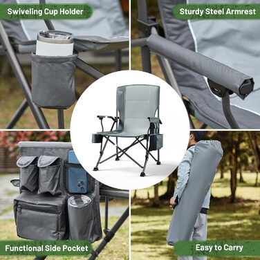 Крісло для кемпінгу Timber Ridge XXL, 230 кг, широке сидіння 62 см, висока спинка, підсклянник, міцні підлокітники для кемпінгу, пікніка, саду та балкону