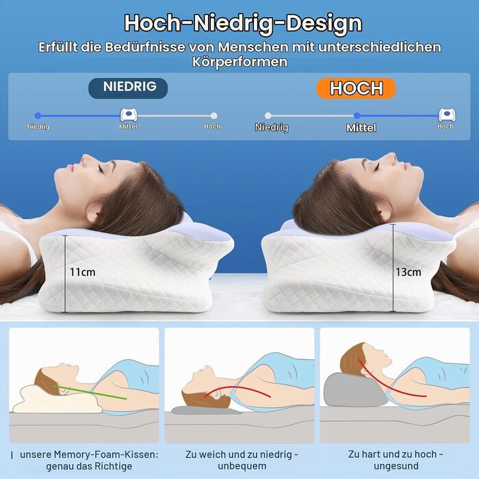 Ергономічна подушка з ефектом пам'яті Memory Foam для шиї та голови, ортопедична подушка для сну на боці, регульована висота, 62x41x13/11 см, світло-фіолетова