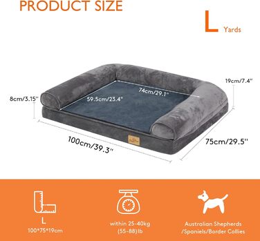 Orthopedic Dog Bed XL 100x75 cm: Dog Sofa for Large and Medium-Sized Dogs, Ergonomic Dog Beds with Raised Edge, 2 in 1 Detachable Washable Non-Slip Dog Mattress