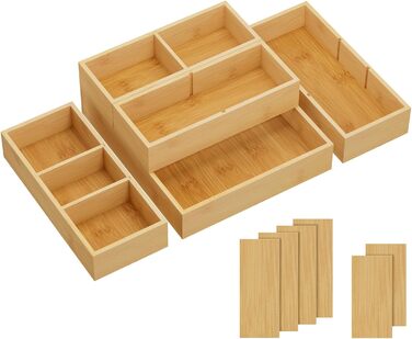 Lifewit Drawer Organizers with 6 Inserts, Adjustable Storage Box with 11 Compartments, Wooden Drawer Dividers for Kitchen Utensils, Vanity Organizer, Makeup, Office, Bathroom (5)
