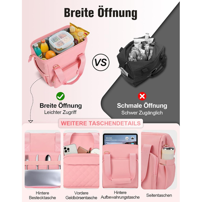 Сумка-холодильник 20 л, рожева: ізольована сумка-ланчбокс з PEVA-підкладкою, кілька відділень та плечовим ременем для роботи, школи, авто, пікніка