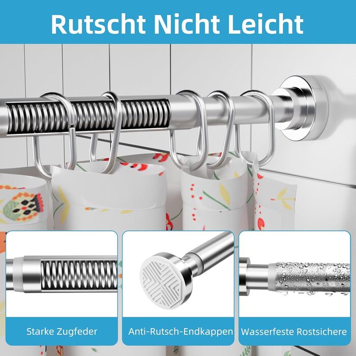 Штанга для душу без свердління з нержавіючої сталі, телескопічна, регульована, 70-195 см, для ванної кімнати, вікна, шафи, срібна