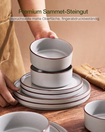 Набір посуду Mercury, 12 предметів: тарілки, супові миски, десертні тарілки, для 4 осіб, з каменю, стійкий до мікрохвильової печі та миття в посудомийній машині, колір сірий (N-Set 18 предметів, 6 осіб)