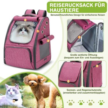 Рюкзак для котів та собак ALLSOPETS, складний, дихаючий, з сонцезахистом, для маленьких котів та собак, ідеальний для подорожей, кемпінгу та піших прогулянок (Беerenроже)