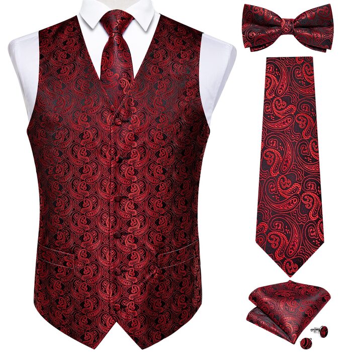 Костюмний жилет чоловічий DiBanGu для весілля з краваткою, нагрудником та запонками. Жилет з паєтковим візерунком у червоно-чорних кольорах, розмір XXL
