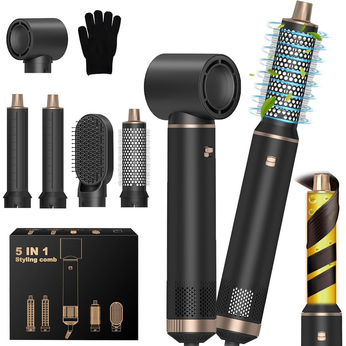 Професійний стайлер для волосся 5 в 1: фен, плойка, щипці, щітка для об'єму та випрямлення, іонний, для всіх типів волосся, чорний