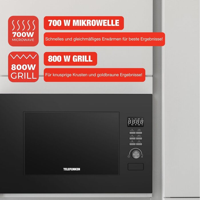 Вбудована мікрохвильова піч Telefunken з грилем, 20 л, чорна, 8 автоменю, 800 Вт, 5 рівнів потужності
