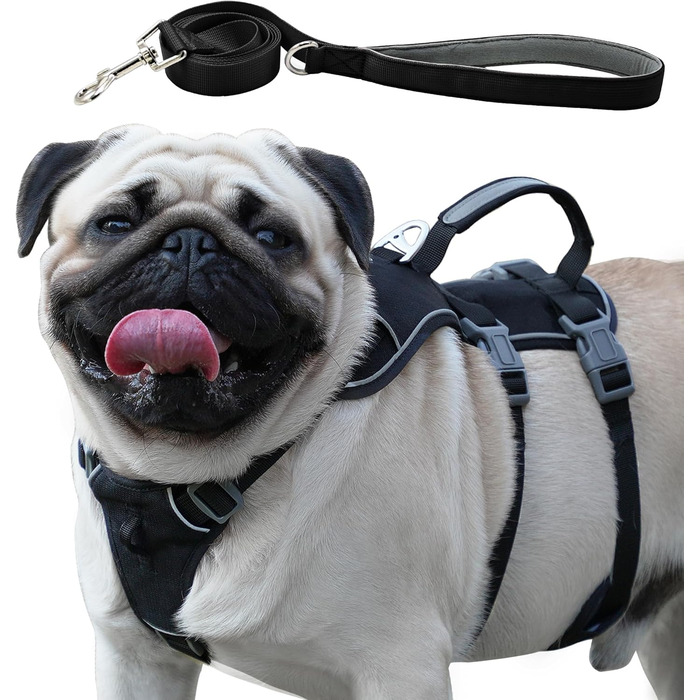 Нашийник для собак з повідком, безпечний нашийник від виривання, анти-тяговий нашийник з ручкою та світловідбиваючими елементами, легкий, регульований нашийник для середніх собак (Чорний, XS). Дуже маленький, чорний