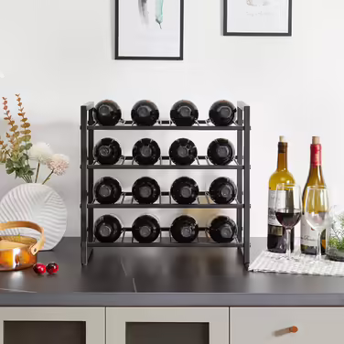IBUYKE Wine Rack Metal, Freestanding Wine Rack Storage, 4-Tier 16 Bottle Rack, For Bar Counter, Restaurant, Kitchen, Table Rack Wine Holder, Black TMJ903H Metal 16 Bottles