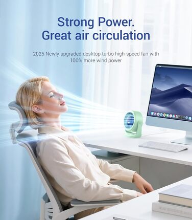 USB Turbo вентилятор для столу TurboBreeze (зелений): тиха робота, LED-дисплей, 5 швидкостей, 360° обертання, портативний