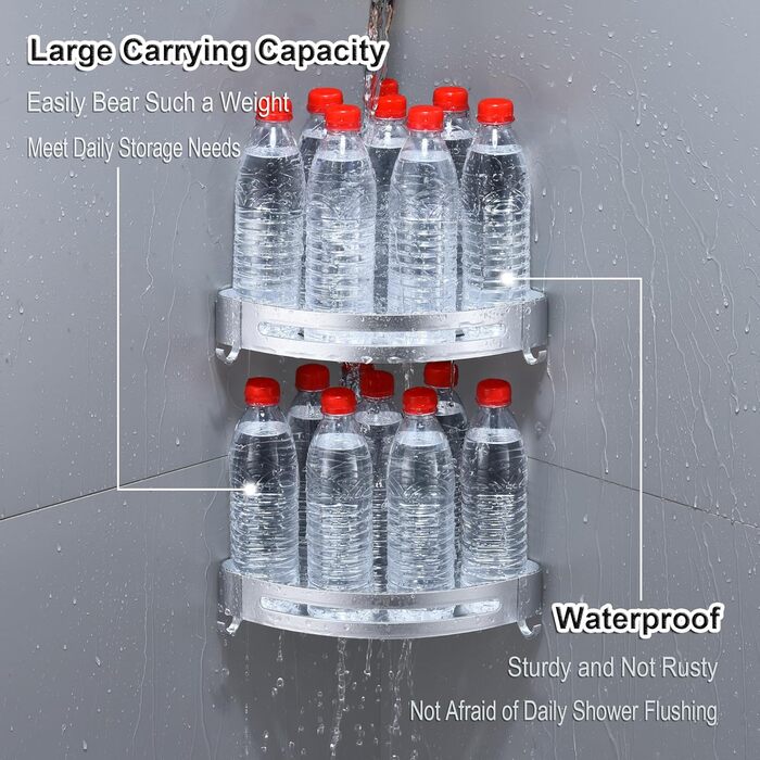 Поличка для душу без свердління, кутова поличка для ванної кімнати з алюмінію, трикутна корзина для душу з гачками, органайзер для шампуню, стійка до іржі (2 шт., піскоструминне золоте покриття) (Блискучий срібло)