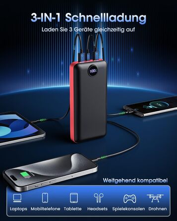 Power Bank 50000mAh з LED дисплеєм: Швидка зарядка 22.5W, 3 виходи USB-C, 2 входи, сумісний з iPhone, iPad, Android, червоний (XX-Large)