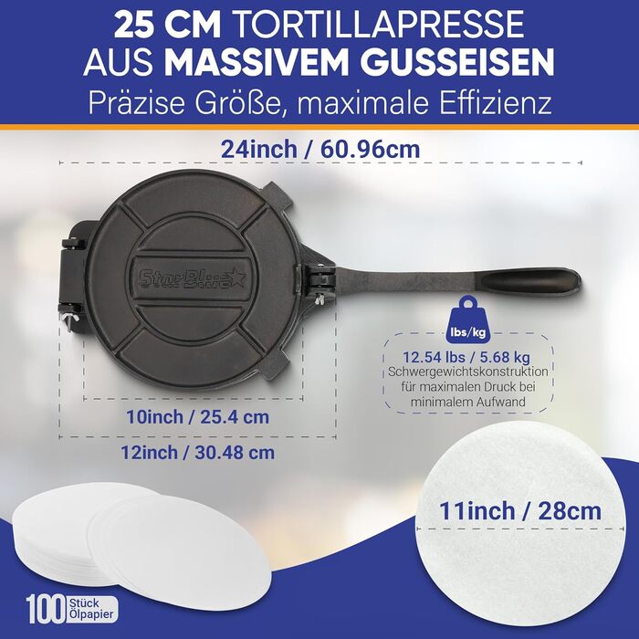 Пресс для тортилій StarBlue з чавуну 10 дюймів (25 см) з 100 шт. паперу для випікання та електронною книгою з рецептами - для приготування чіпаті, тортильї, роті